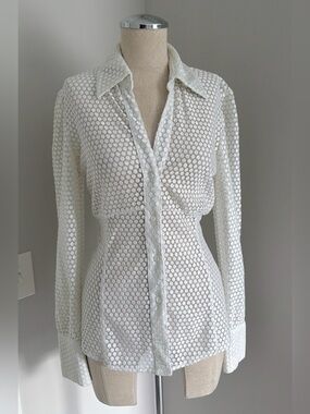 Dana Buchman Women’s 4 White Floral Lace Collared Button-Up Long Sleeve Stretch